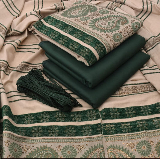 Dhanak wool 3 PC Contrast JACQUARD VELVET PATI PURE WOOL 3D-B Green