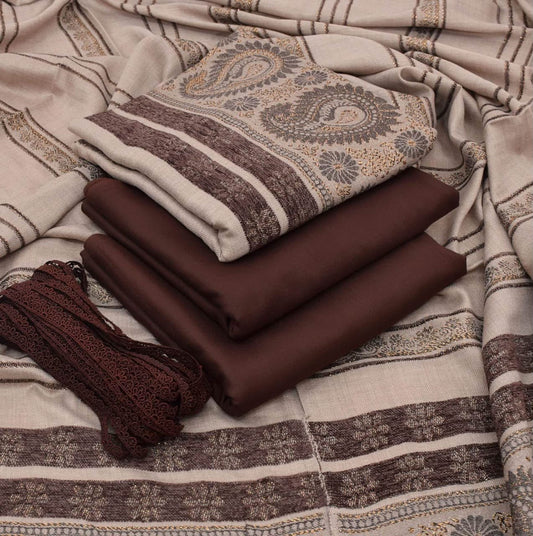 Dhanak wool 3 PC Contrast JACQUARD VELVET PATI PURE WOOL 3D-Chocolate
