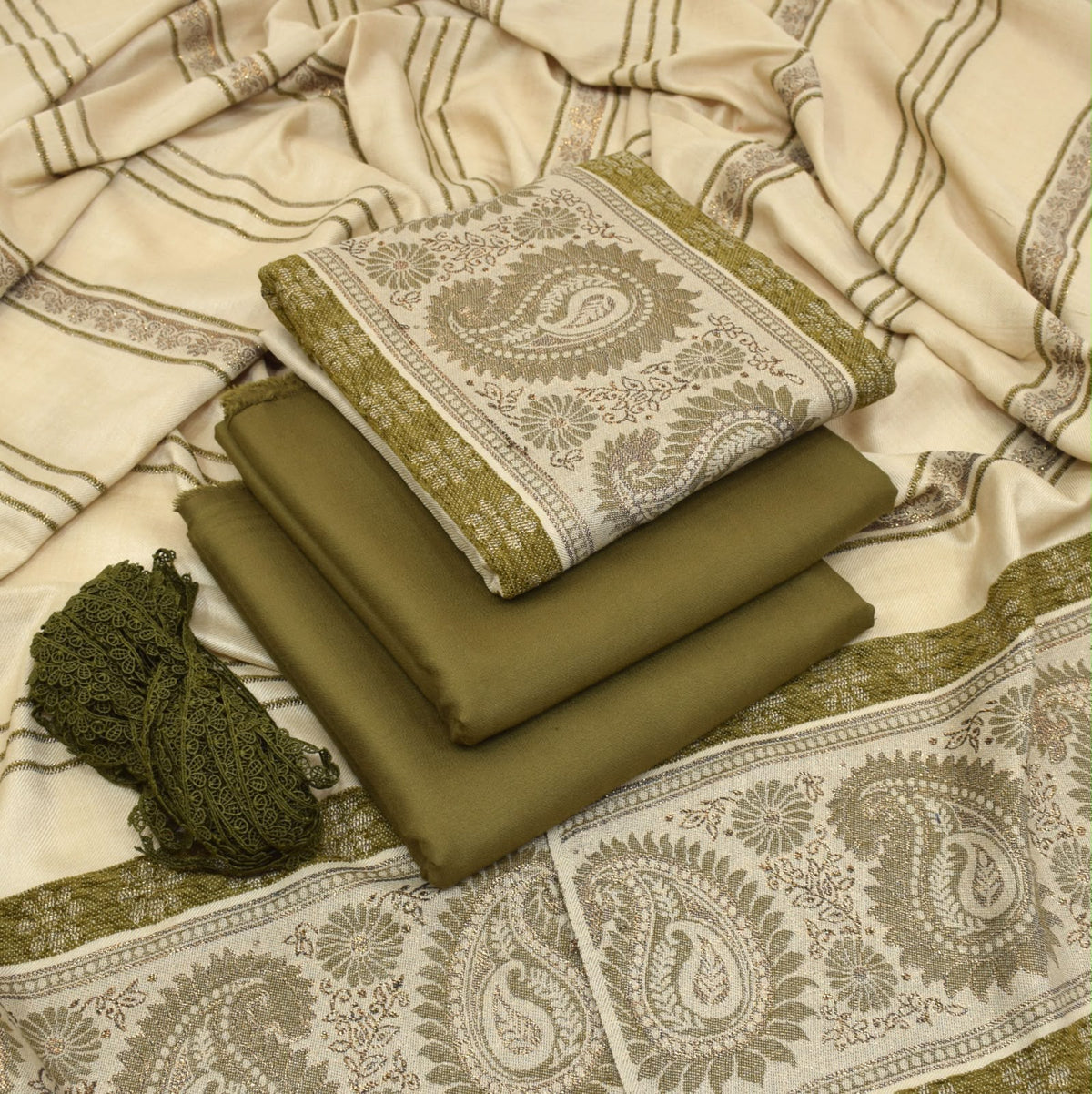 Dhanak wool 3 PC Contrast JACQUARD VELVET PATI PURE WOOL 3D-Tobacco