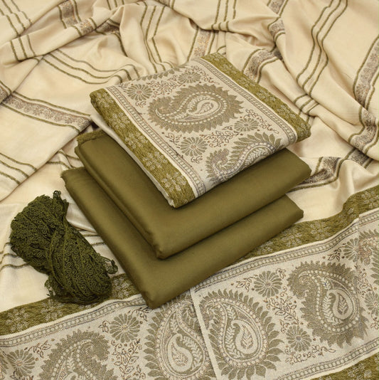Dhanak wool 3 PC Contrast JACQUARD VELVET PATI PURE WOOL 3D-Tobacco