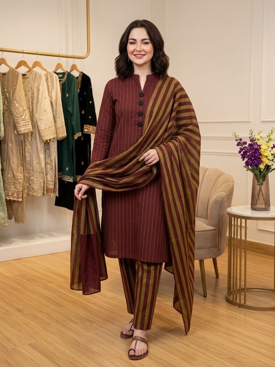 3pc Multani Susi Khaadi-Meroon & Mustard