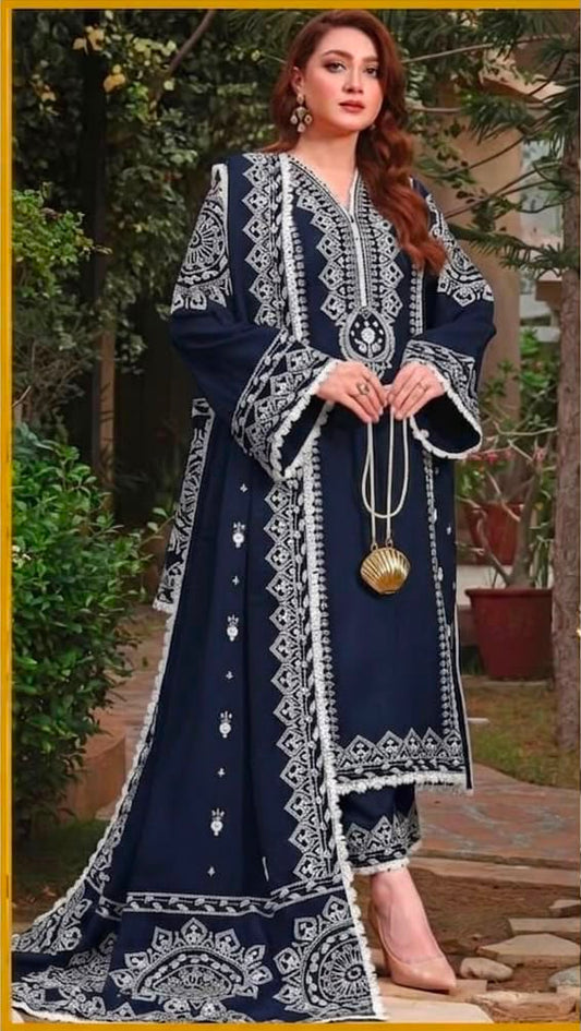 Embroidered 3pc Aneela's-Navy