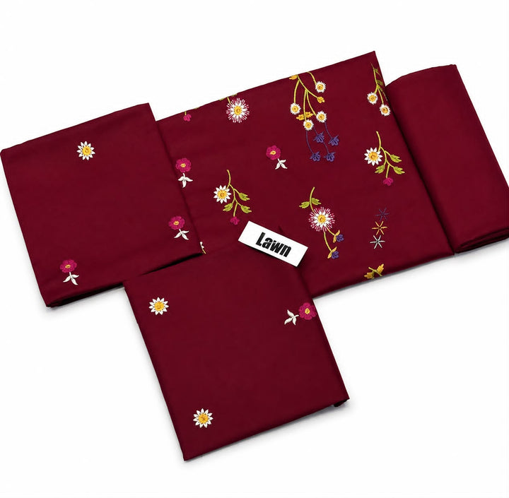 2pc Premium Pure Lawn Floral Embroidered-Mehroon