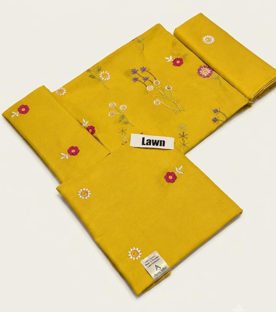 2pc Premium Pure Lawn Floral Embroidered-Yellow