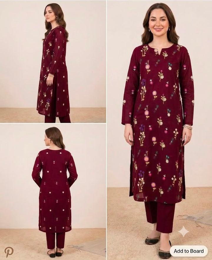 2pc Premium Pure Lawn Floral Embroidered-Mehroon