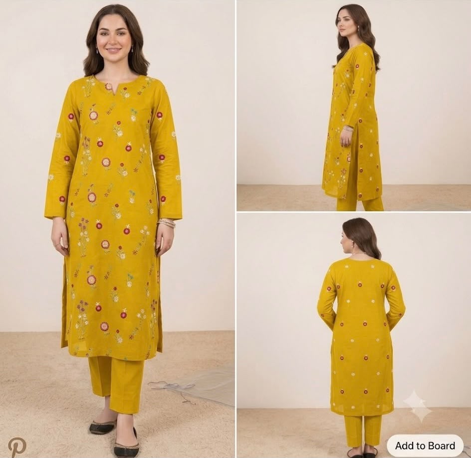 2pc Premium Pure Lawn Floral Embroidered-Yellow