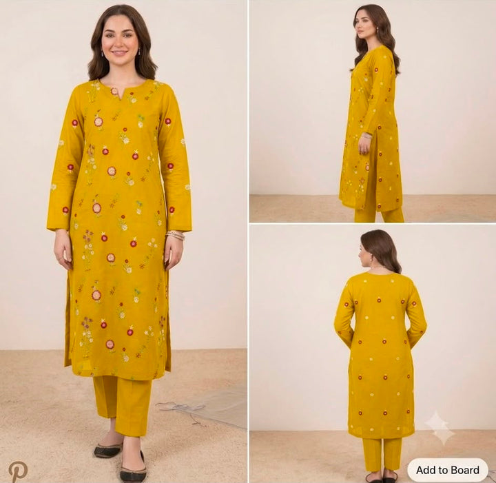 2pc Premium Pure Lawn Floral Embroidered-Yellow