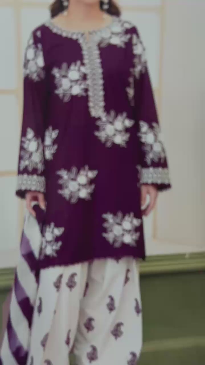 Zara Shahjahan Luxury Embroidery 3 Pc with contrast Touser-Plum
