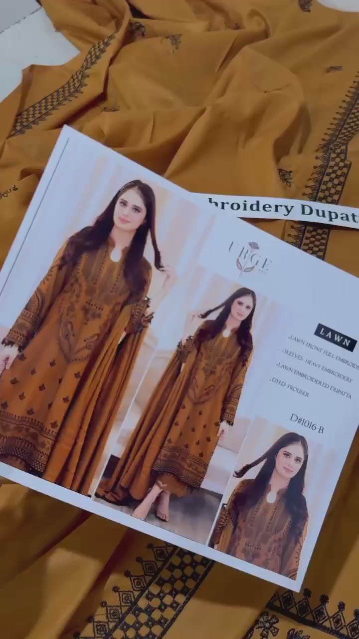 Urge Mustard Lawn 3PC Heavy embroidery with Embroidery Shifoon Duppata