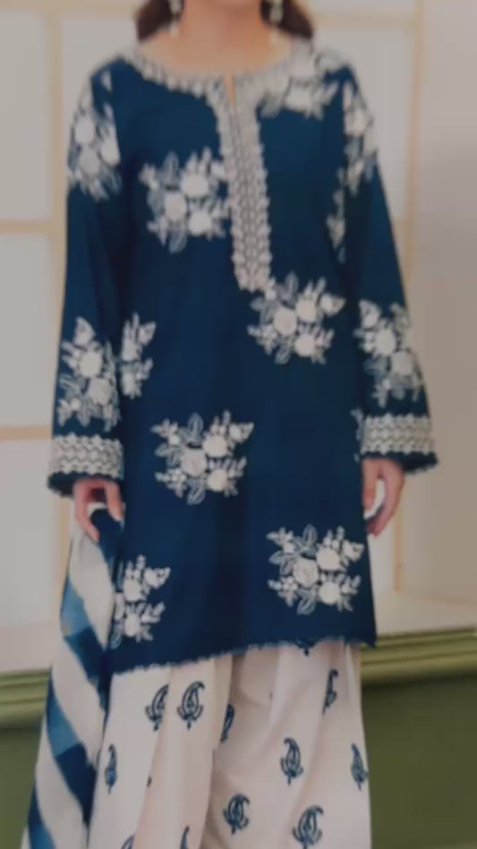 Zara Shahjahan Luxury Embroidery 3 Pc with contrast Touser-zink