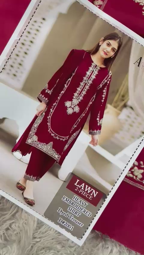 Lawn 2 Pc Embroidery-Meroon
