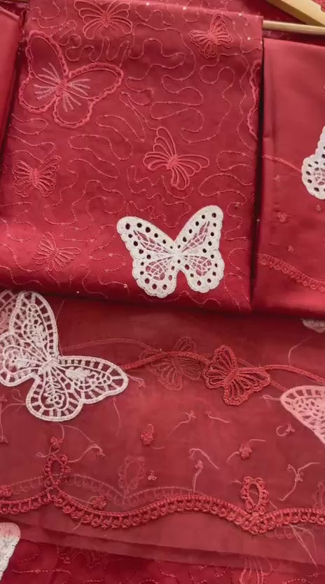 Lawn butterfly 2 PC chikankari with sequins work-RUST