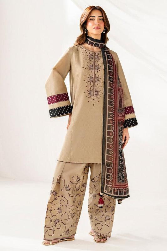 Jazmin-3PC DHANAK EMBROIDERED SHIRT WITH TWILL PRINTED SHAWL AND TROUSER