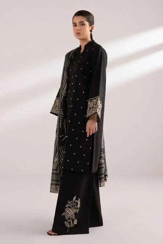 Sapphire-3PC DHANAK EMBROIDERED SHIRT WITH TWILL PRINTED SHAWL AND TROUSER