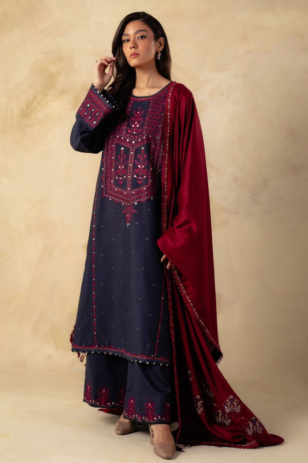 ZARA SHAH JAHAN - 3PC DHANAK EMBROIDERED SHIRT WITH DHANAK EMBROIDERED DUAPTTA AND TROUSER -