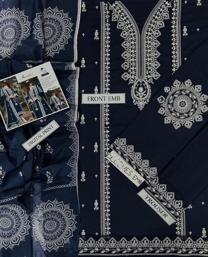 Embroidered 3pc Aneela's-Navy
