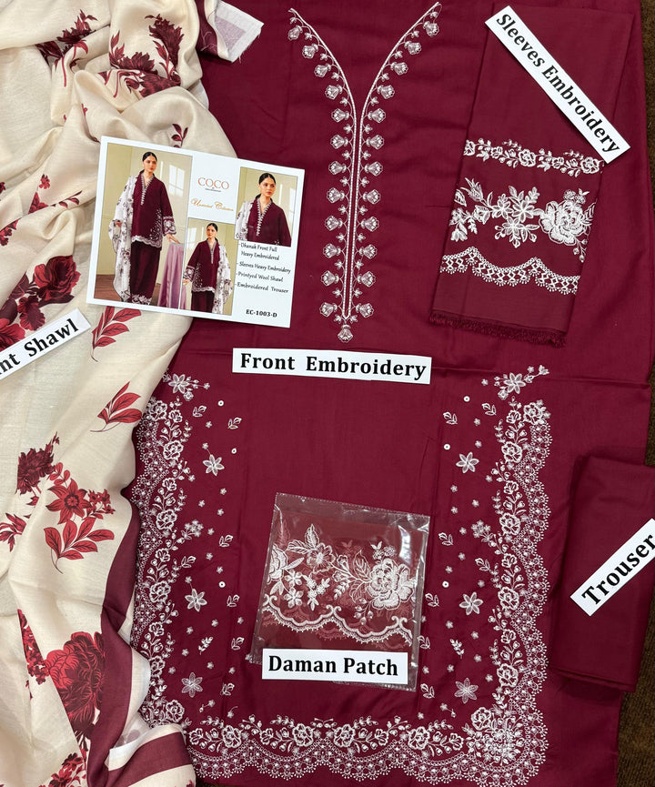 Coco by Zara Shah Jahan 3 Piece Dhanak Marina with Printed wool Shawl