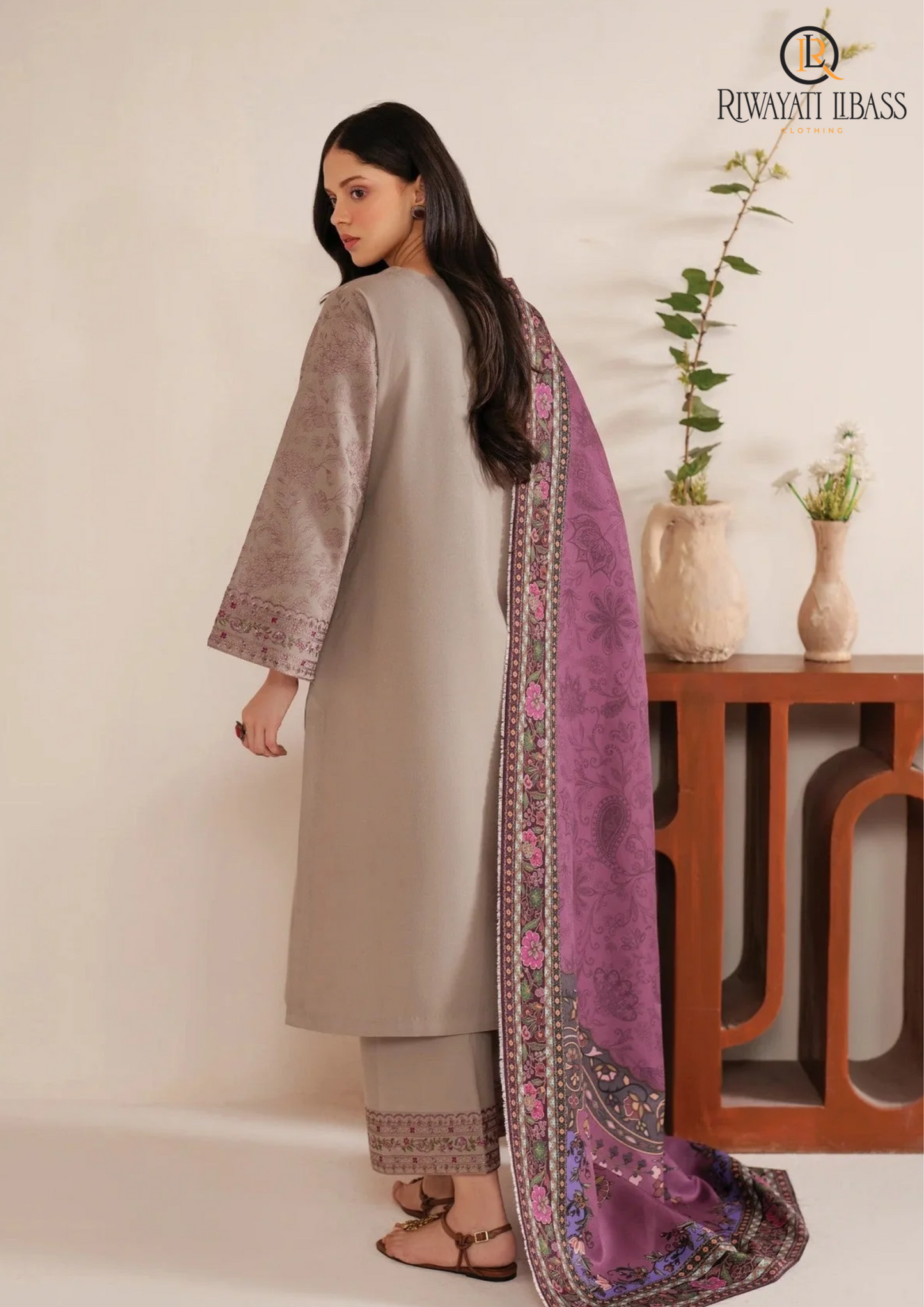 Garnet 3 Piece Dhanak Marina with Printed wool Shawl