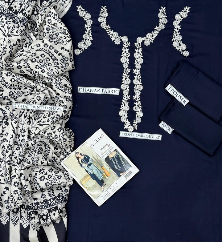 Asling 3 Piece Dhanak Marina with Printed wool Shawl