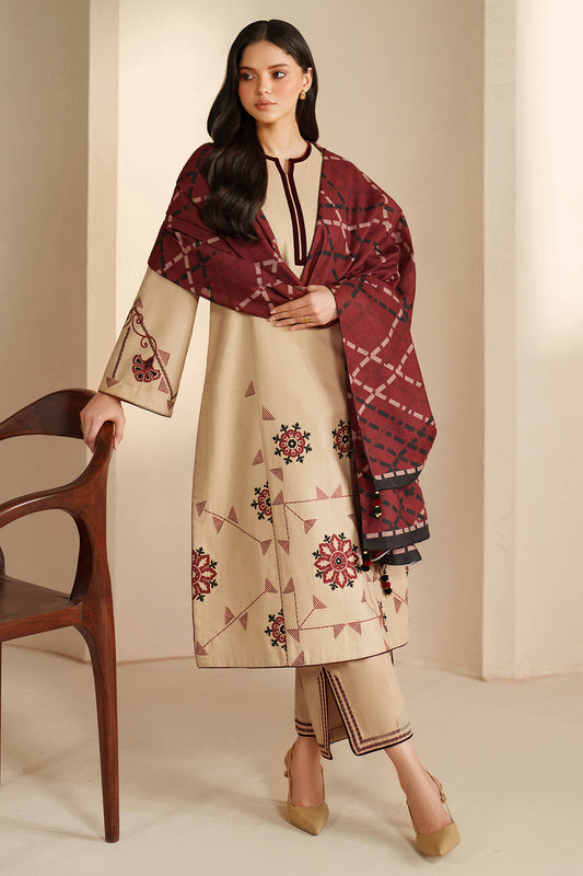 Jazmin-3PC DHANAK EMBROIDERED SHIRT WITH TWILL PRINTED SHAWL AND TROUSER