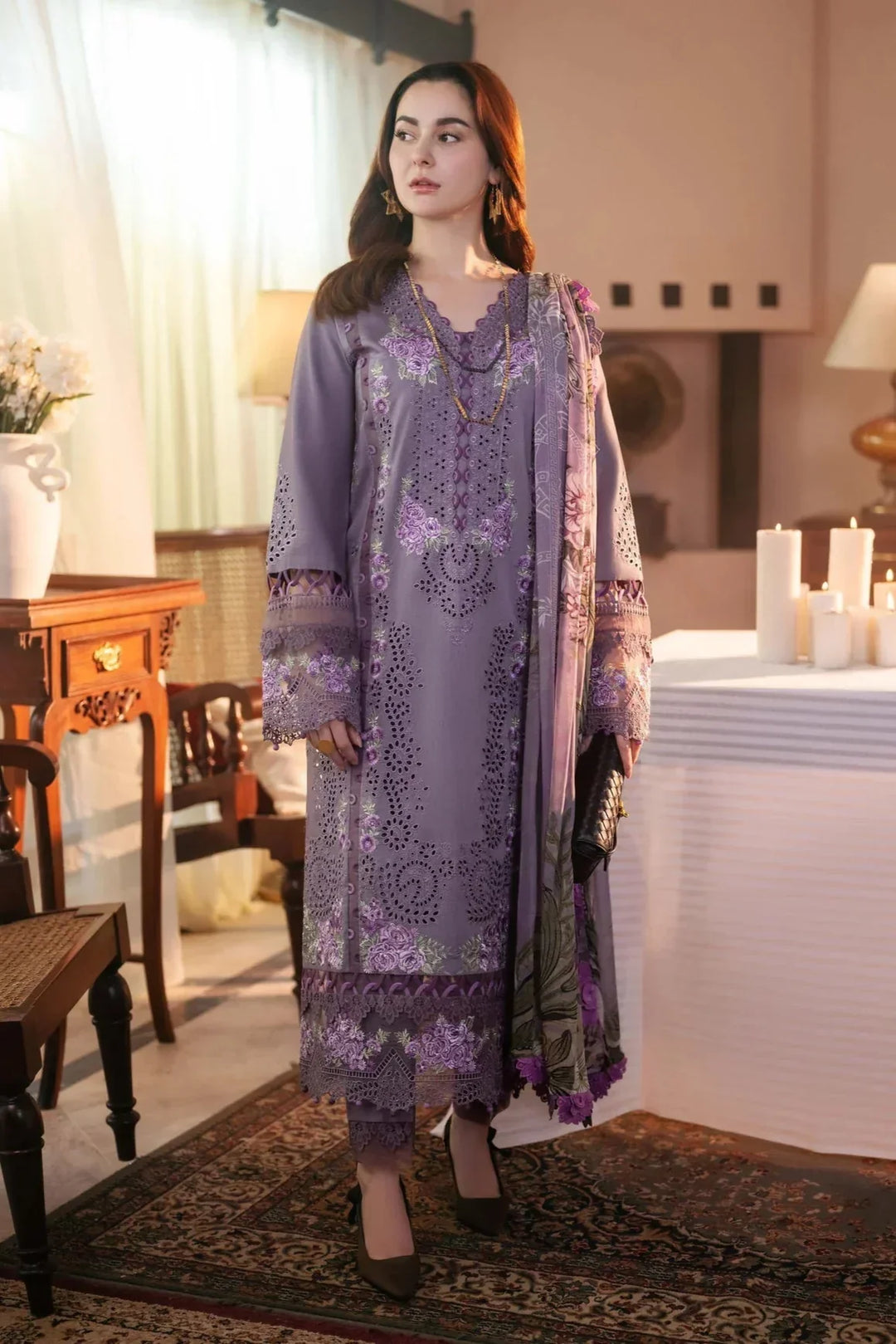 JADE - 3PC DHANAK CHIKANKAARI EMBROIDERED SHIRT WITH TWILL PRINTED DUPATTA AND TROUSER