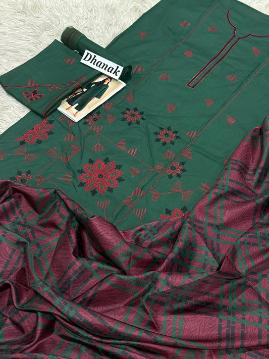 Jazmin-3PC DHANAK EMBROIDERED SHIRT WITH TWILL PRINTED SHAWL AND TROUSER