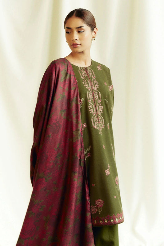 ZARA SHAHJAHAN - 3PC DHANAK EMBROIDERED SHIRT WITH TWILL PRINTED SHAWL AND TROUSER