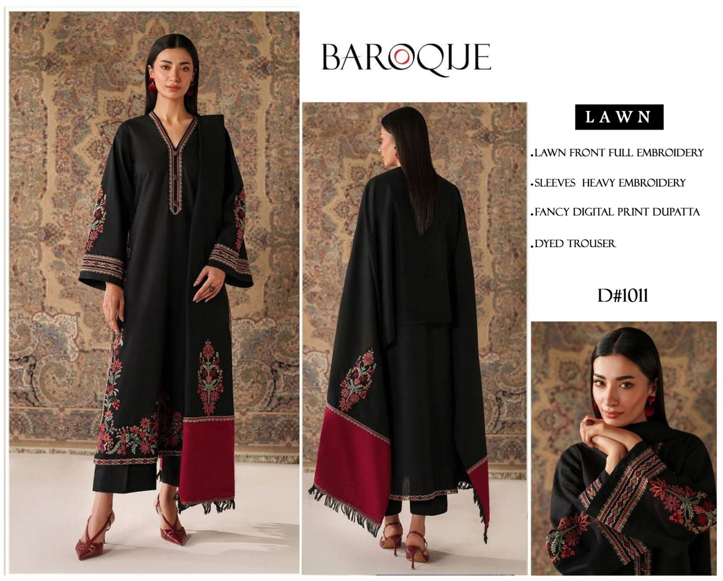 Baroque-Lawn 3 PC Embroidery with swiss bana Dora voil digital print Duppata