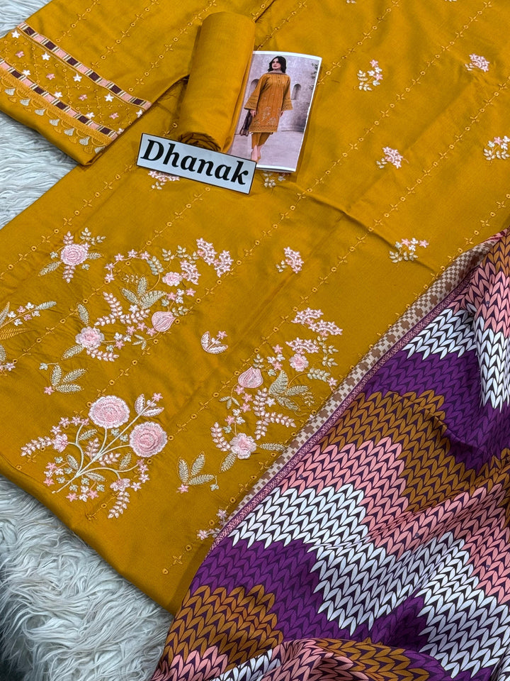 ZARA SHAHJAHAN - 3PC DHANAK EMBROIDERED SHIRT WITH TWILL PRINTED SHAWL AND TROUSER