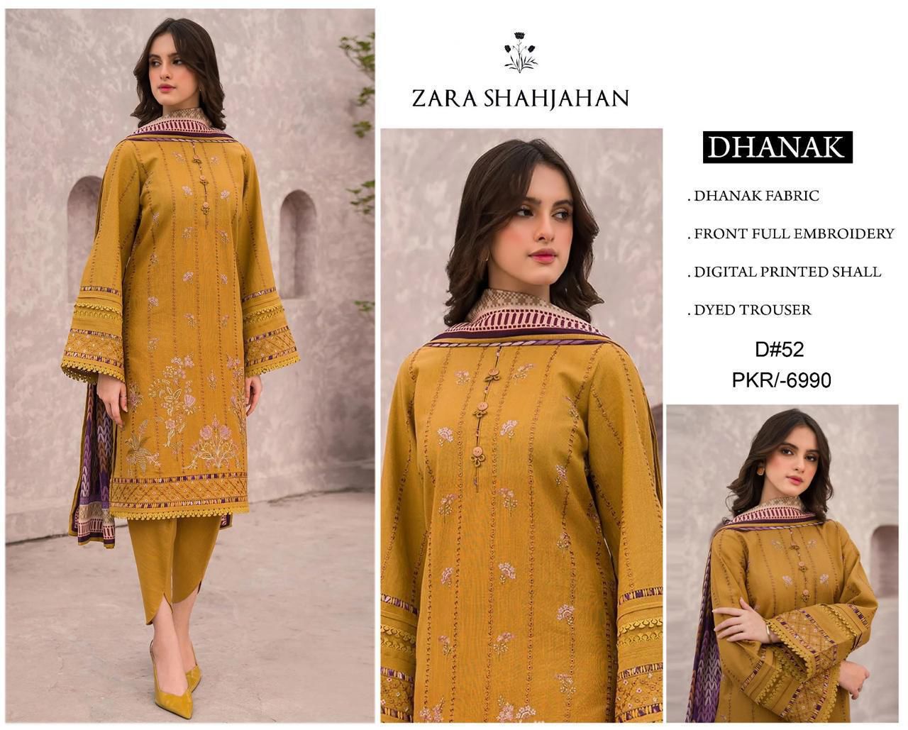 ZARA SHAHJAHAN - 3PC DHANAK EMBROIDERED SHIRT WITH TWILL PRINTED SHAWL AND TROUSER