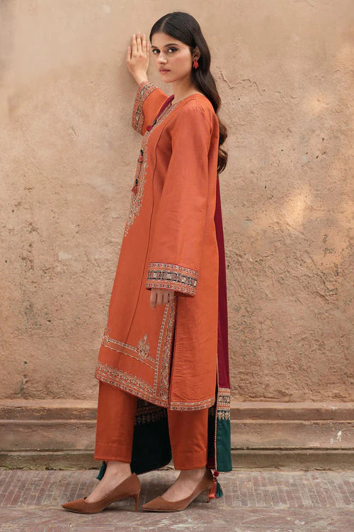 Jazmin-3PC DHANAK EMBROIDERED SHIRT WITH TWILL PRINTED SHAWL AND TROUSER