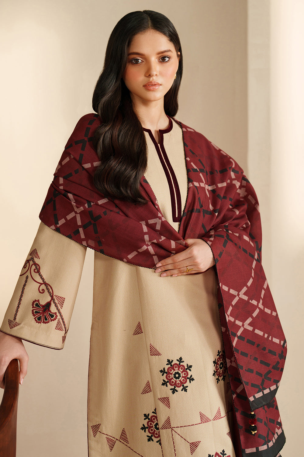 Jazmin-3PC DHANAK EMBROIDERED SHIRT WITH TWILL PRINTED SHAWL AND TROUSER