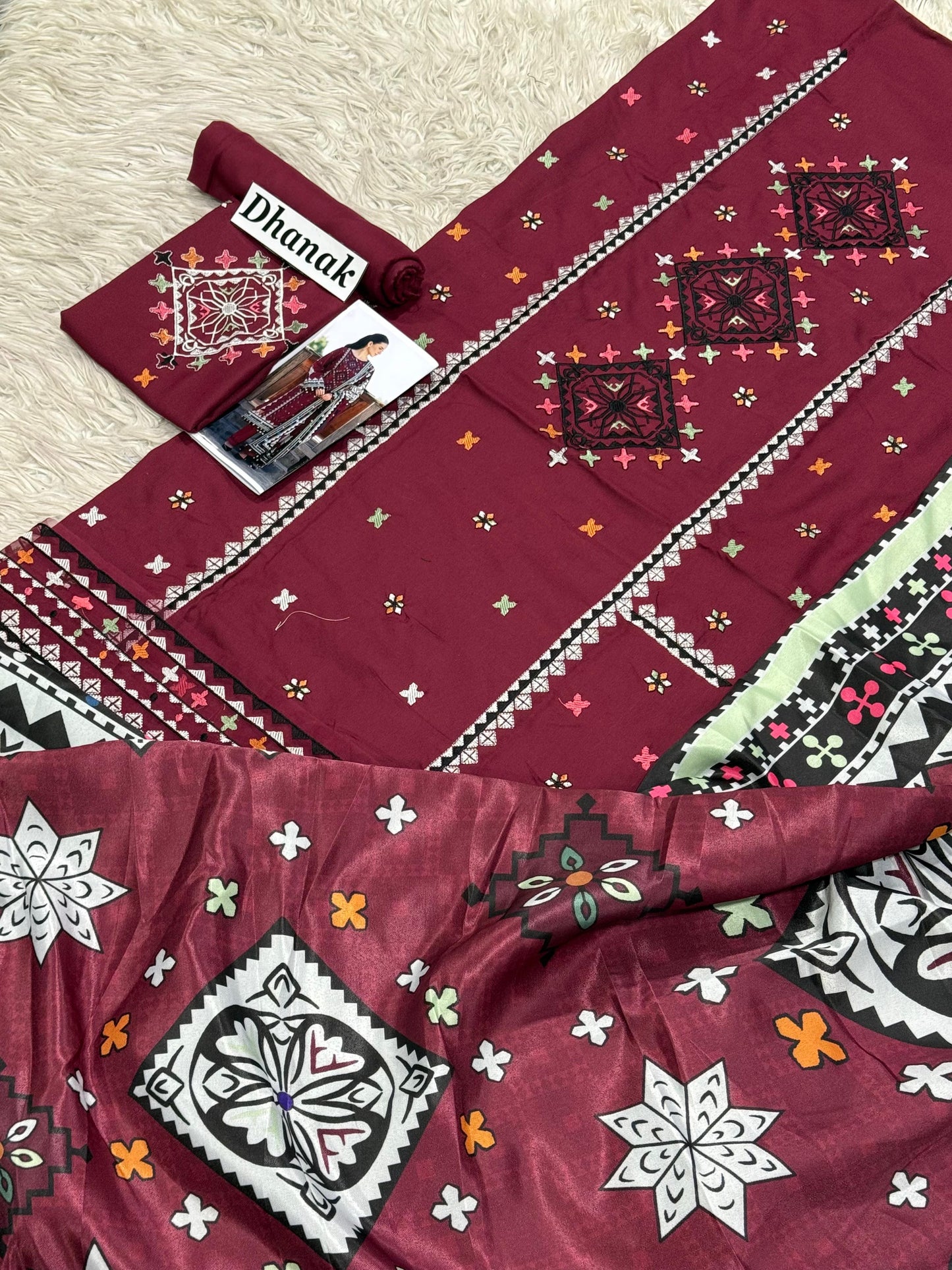 Nishat-3PC DHANAK EMBROIDERED SHIRT WITH TWILL PRINTED SHAWL AND TROUSER