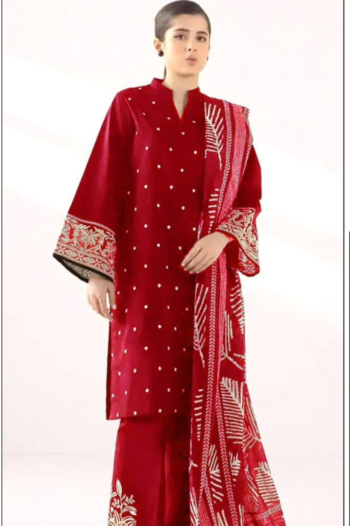 Sapphire-3PC DHANAK EMBROIDERED SHIRT WITH TWILL PRINTED SHAWL AND TROUSER