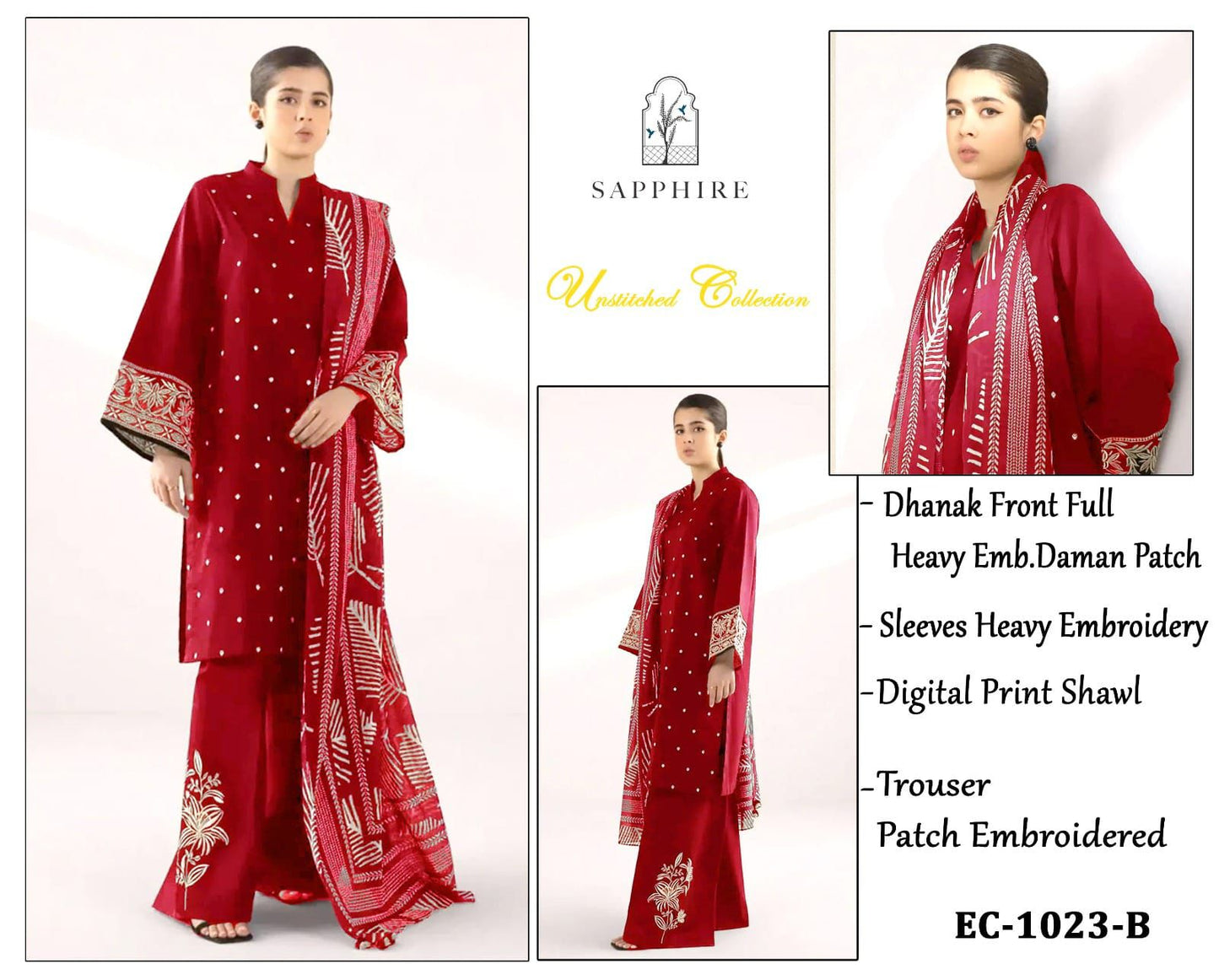 Sapphire-3PC DHANAK EMBROIDERED SHIRT WITH TWILL PRINTED SHAWL AND TROUSER