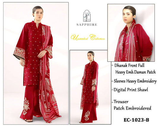 Sapphire-3PC DHANAK EMBROIDERED SHIRT WITH TWILL PRINTED SHAWL AND TROUSER