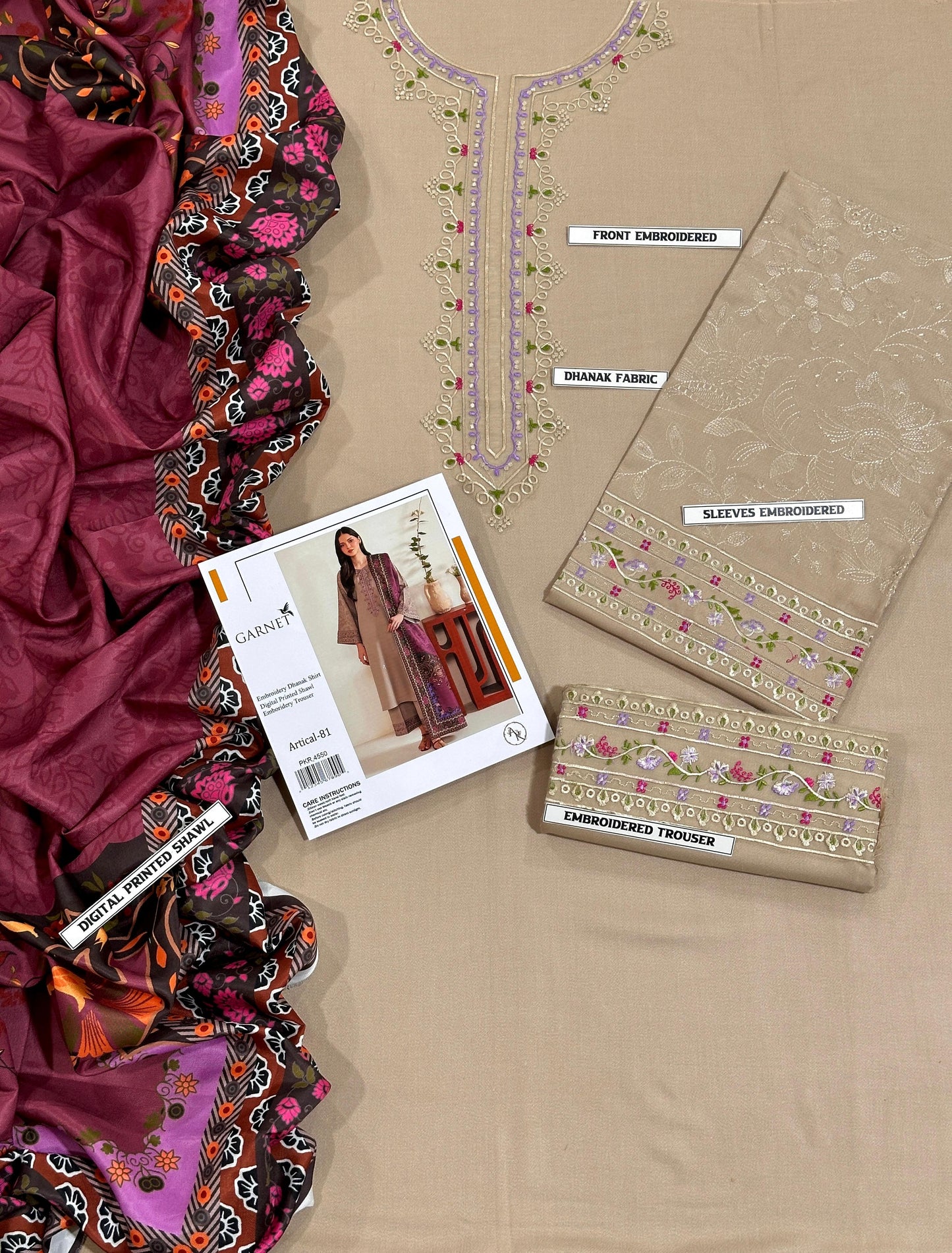 Garnet 3 Piece Dhanak Marina with Printed wool Shawl