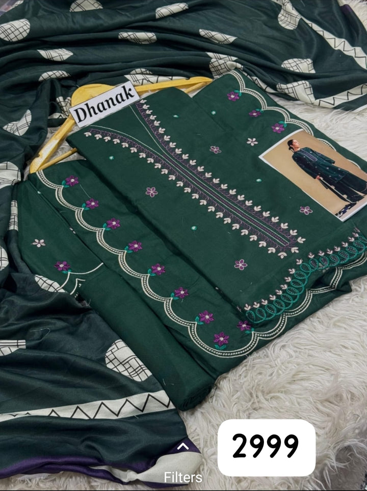 COCO Dhanak 3 Pc Embroidery with Printed Shawl