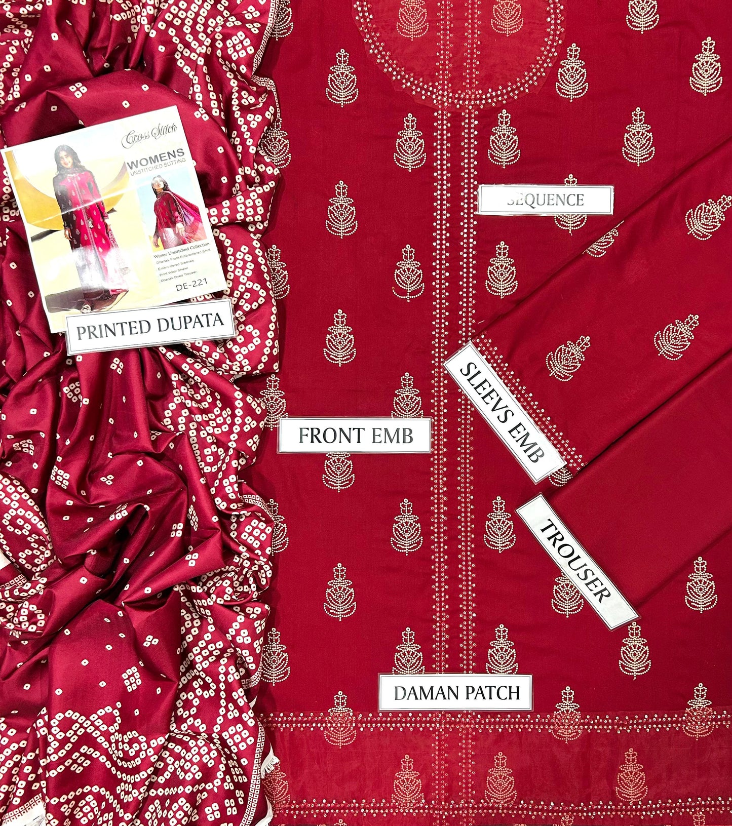 Cross Stitch 3 Piece Dhanak Marina with Printed wool Shawl