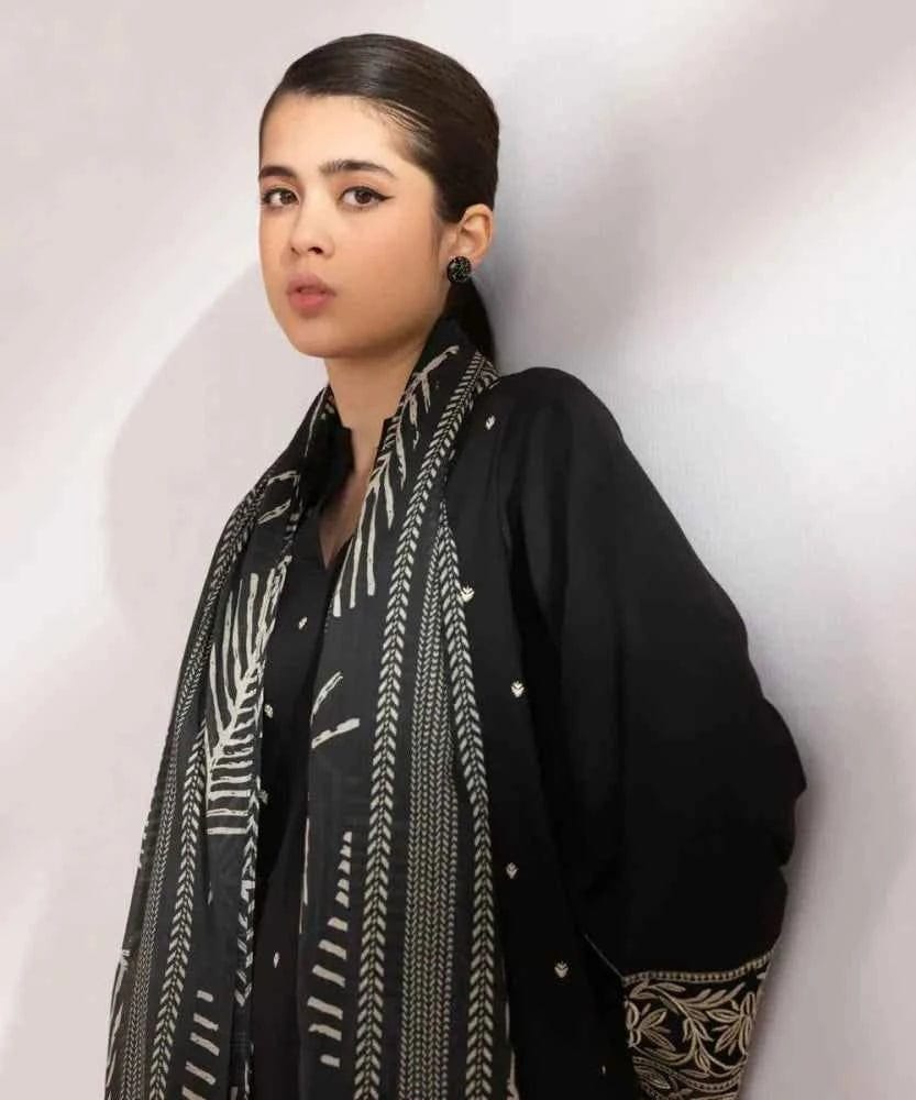 Sapphire-3PC DHANAK EMBROIDERED SHIRT WITH TWILL PRINTED SHAWL AND TROUSER