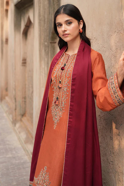 Jazmin-3PC DHANAK EMBROIDERED SHIRT WITH TWILL PRINTED SHAWL AND TROUSER