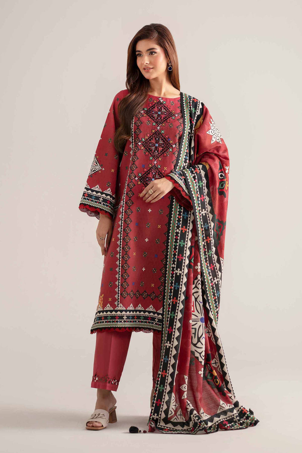 Nishat-3PC DHANAK EMBROIDERED SHIRT WITH TWILL PRINTED SHAWL AND TROUSER
