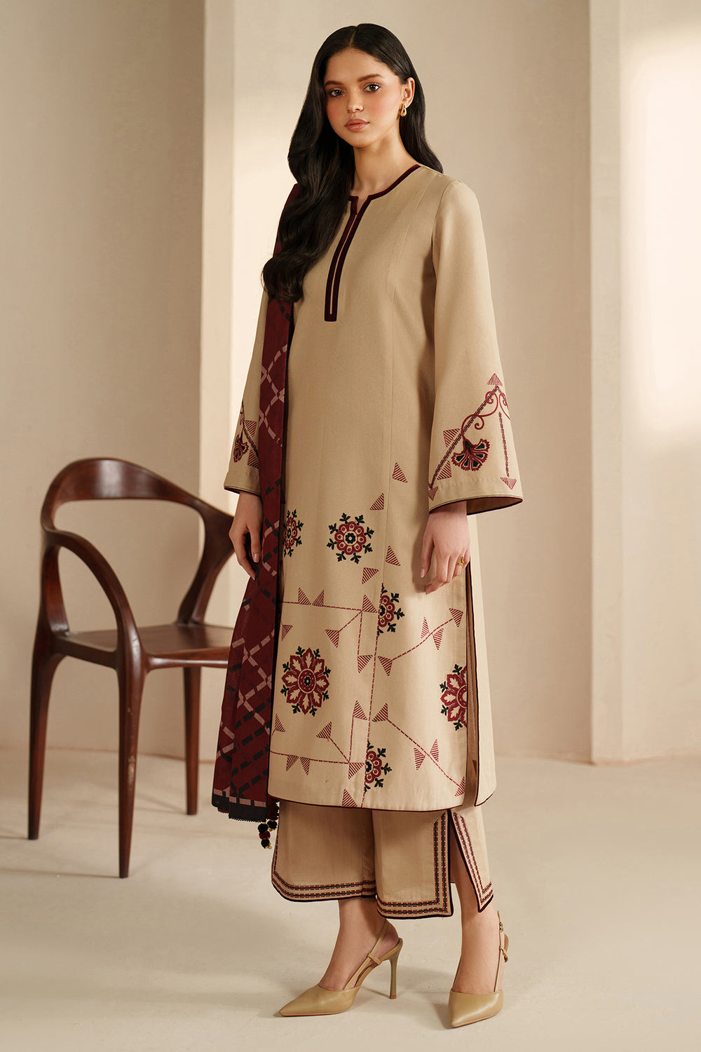 Jazmin-3PC DHANAK EMBROIDERED SHIRT WITH TWILL PRINTED SHAWL AND TROUSER