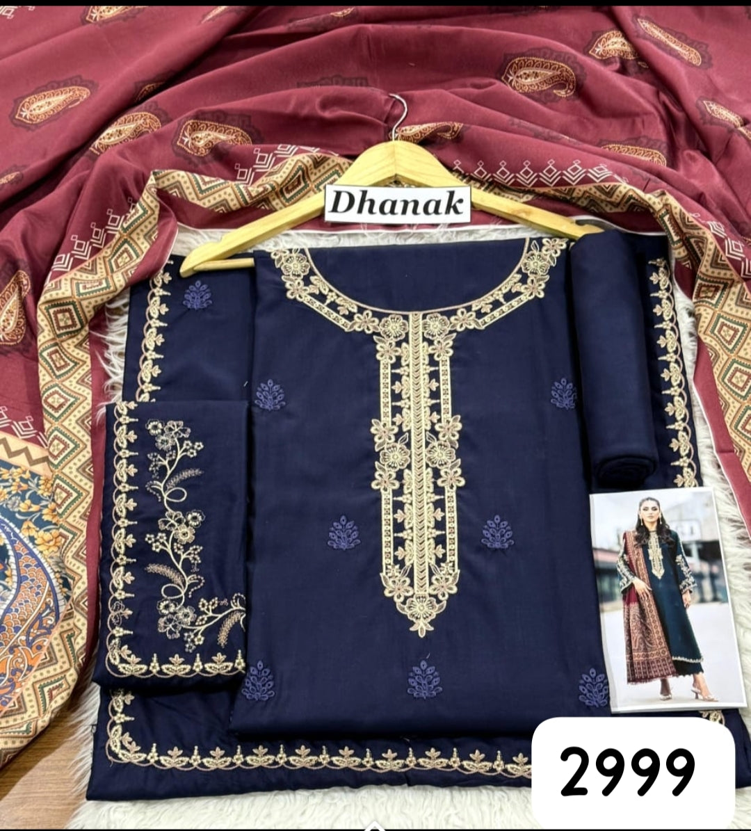 Jazmin Dhanak 3 Pc Embroidery with wool shawl