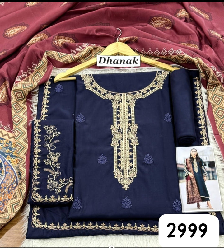 Jazmin Dhanak 3 Pc Embroidery with wool shawl