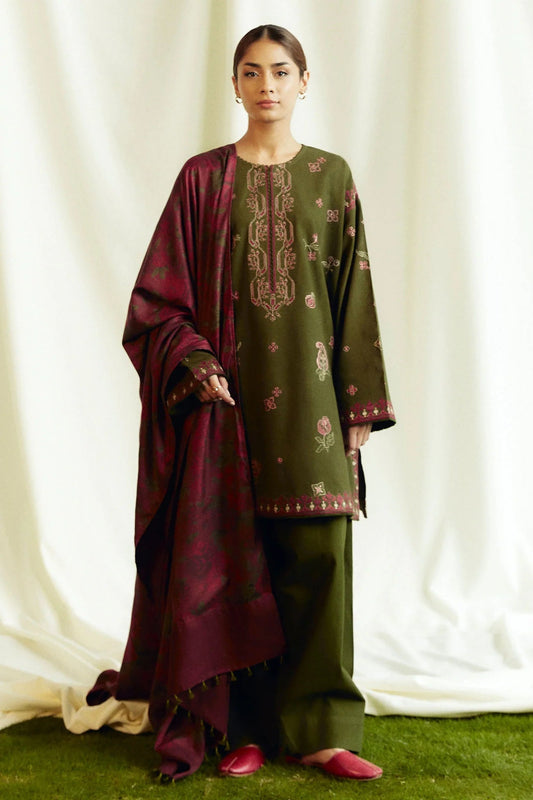 ZARA SHAHJAHAN - 3PC DHANAK EMBROIDERED SHIRT WITH TWILL PRINTED SHAWL AND TROUSER