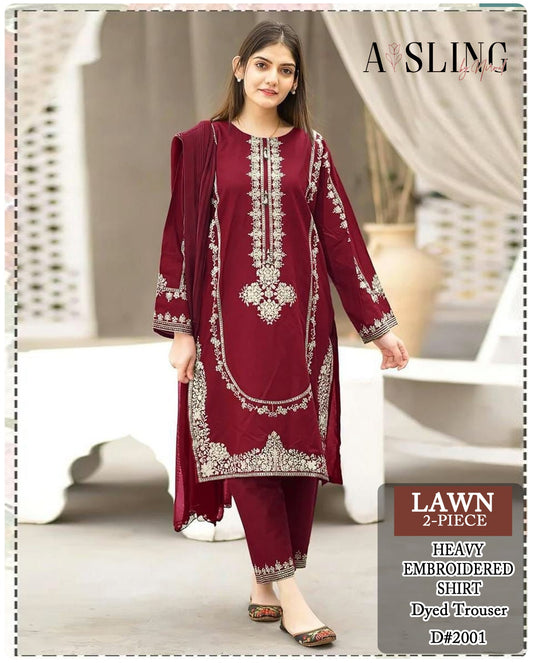 Lawn 2 Pc Embroidery-Meroon