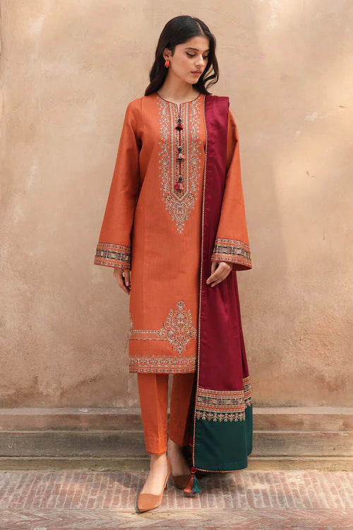Jazmin-3PC DHANAK EMBROIDERED SHIRT WITH TWILL PRINTED SHAWL AND TROUSER