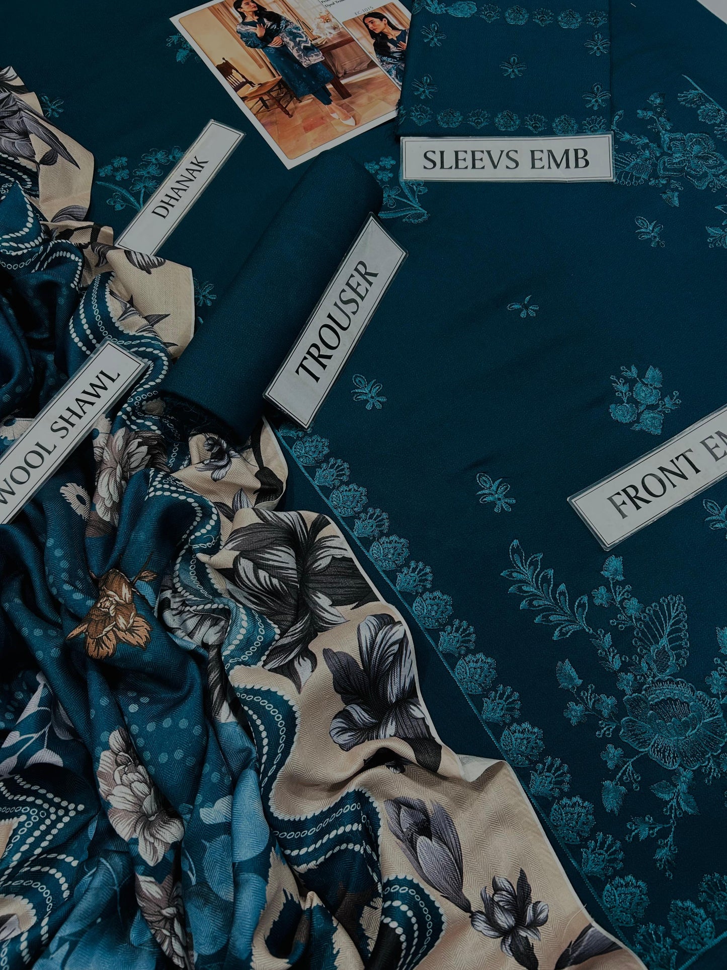 NUREH 3 Piece Dhanak Marina with Printed wool Shawl