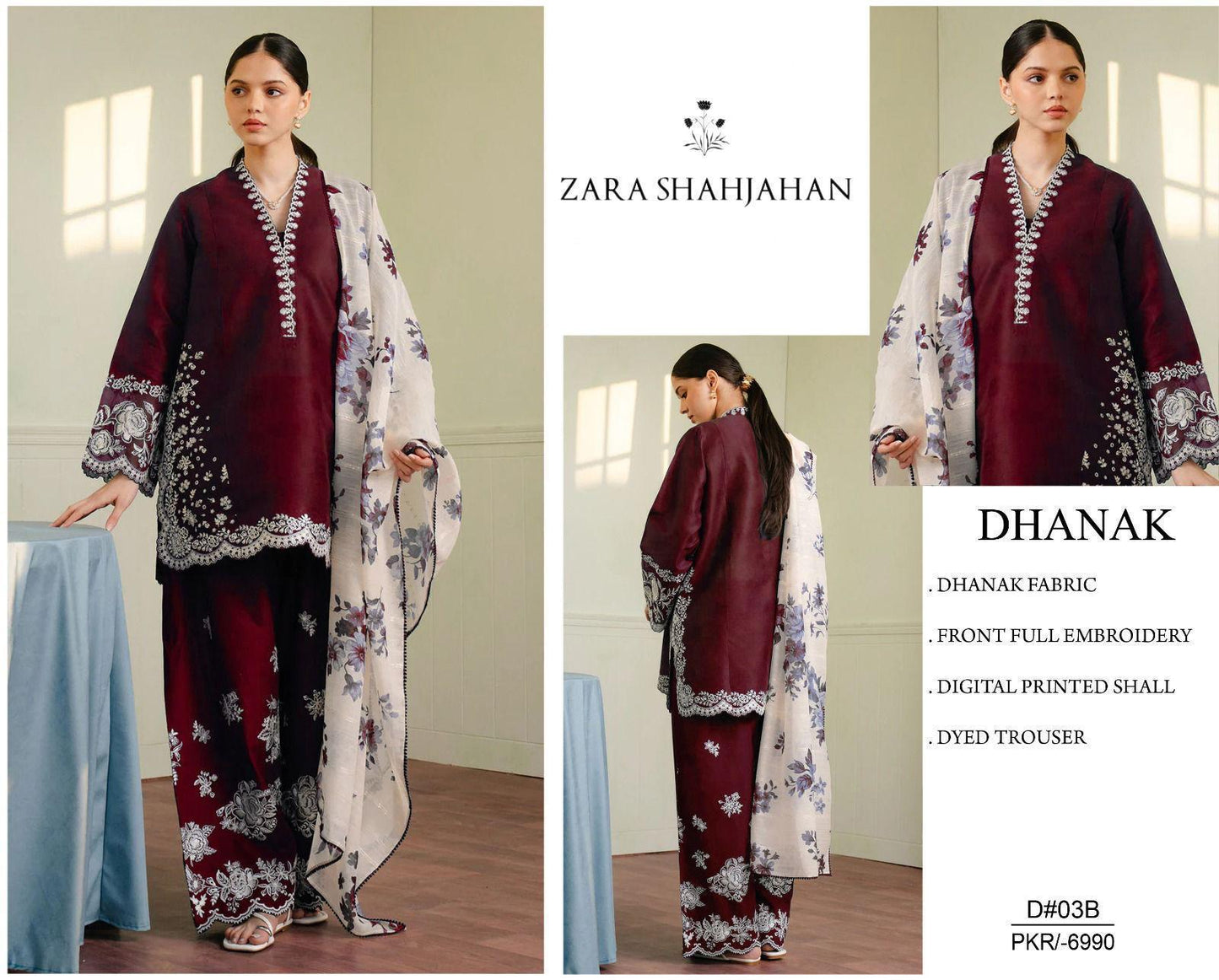 Coco by Zara Shah Jahan 3 Piece Dhanak Marina with Printed wool Shawl